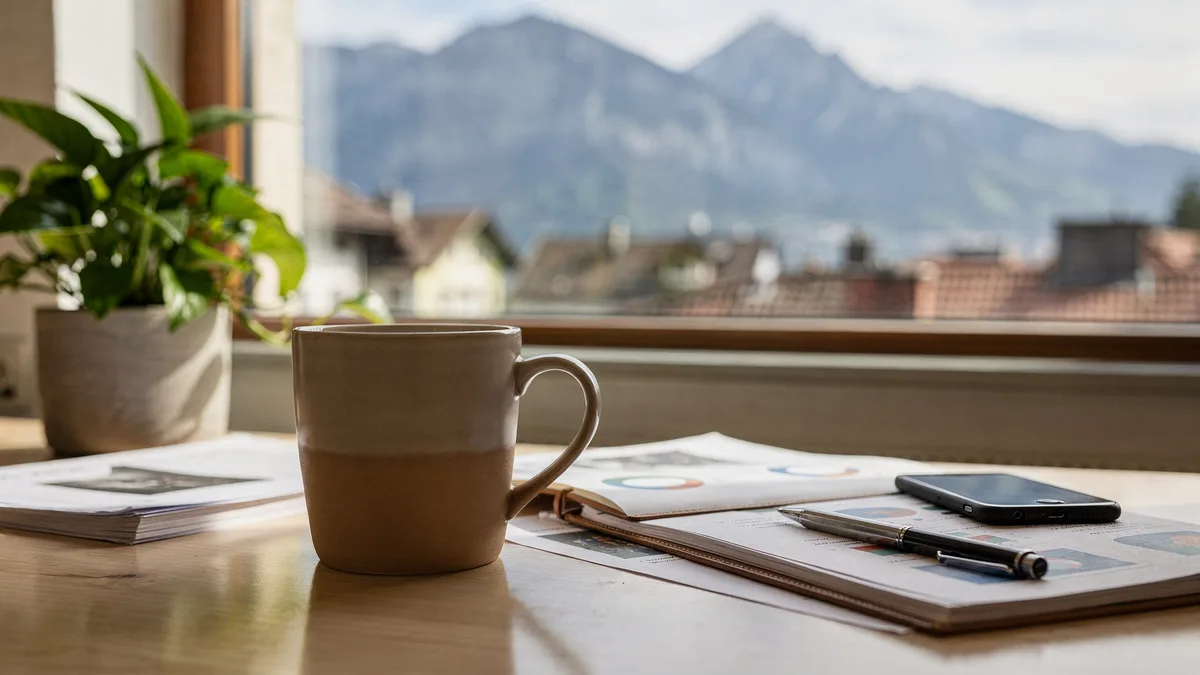 Kaffeetasse, Notizen und Smartphone am Fenster mit Bergblick