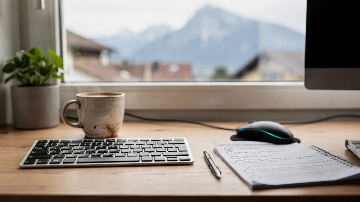 Arbeitsplatz am Fenster mit Tastatur, Maus und ausgedruckter Checkliste