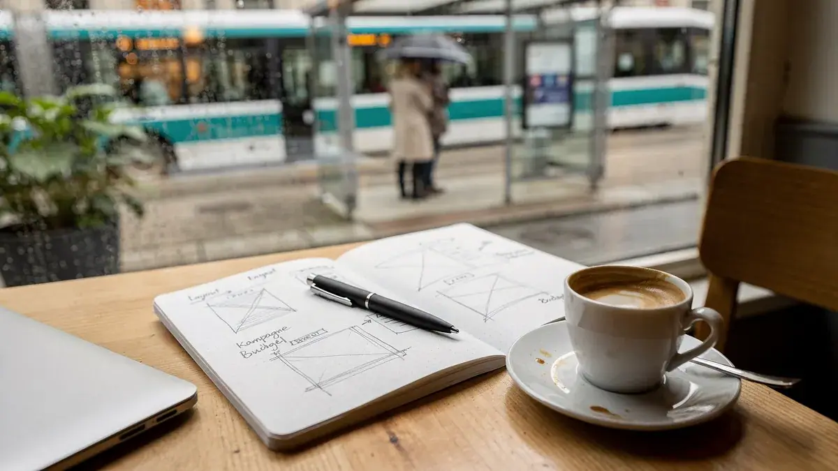 Notizbuch mit Kampagnenskizzen und Kaffee am Fenster mit Tramhaltestelle