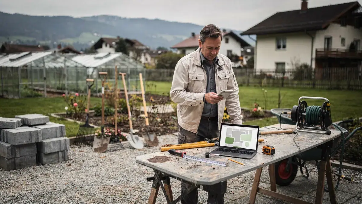 Mann im Garten blickt auf Tablet, davor Laptop mit Plan auf provisorischem Arbeitstisch mit Werkzeug