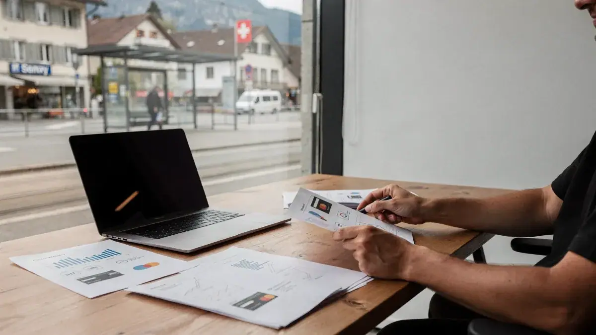 Shop-Betreiber prüft Zahlungsunterlagen am Laptop in einem Schweizer Ladenlokal