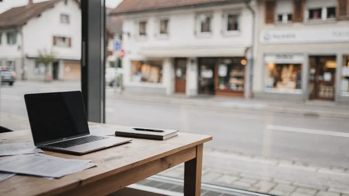 Laptop auf Holztisch mit Blick auf eine Schweizer Dorfstrasse mit Geschäften